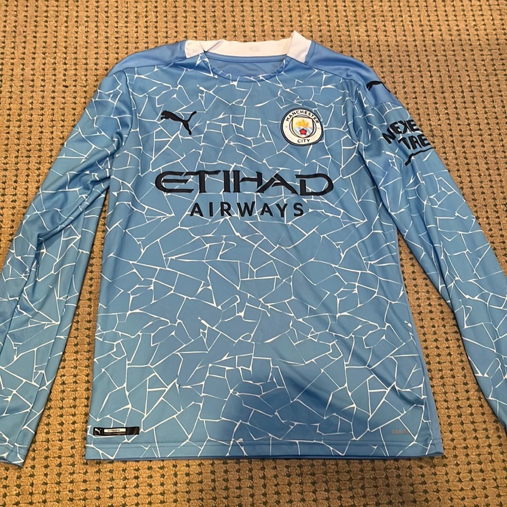 manchester city long sleeve de bruyne football soccer jersey (home 2020/21)